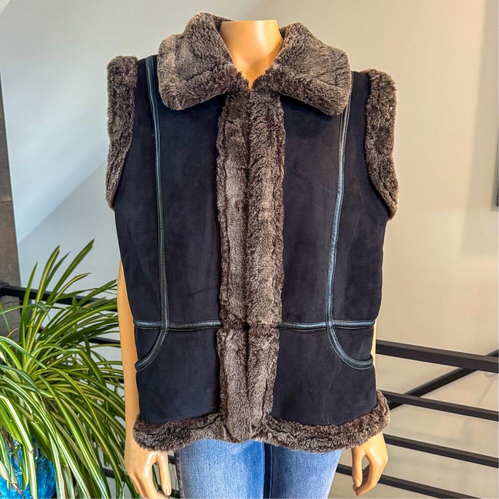 Vintage Black Mountain Peak Faux Suede Vest Fur Trim Lined Gilet Western - M/L